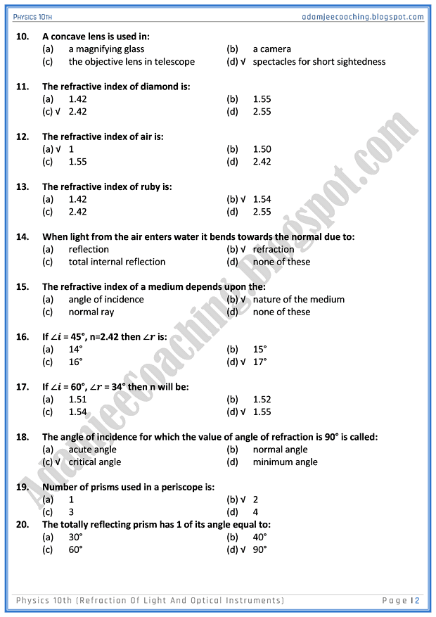 Adamjee Coaching Refraction of Light and Optical Instruments MCQs