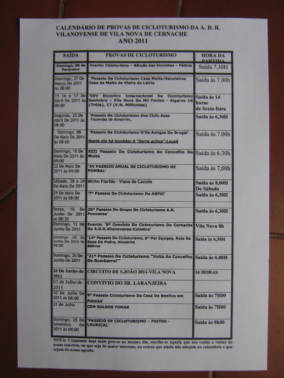 CALENDÁRIO DE PROVAS DO CICLOTURISMO DO VILANOVENSE-ÉPOCA DE 2011