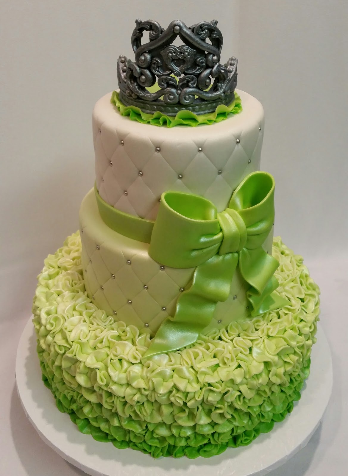 MyMoniCakes Lime green ombré ruffle cake with handmade gum paste tiara