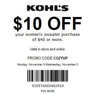 Kohls coupon extra $10 off women's sweater purchase of $40