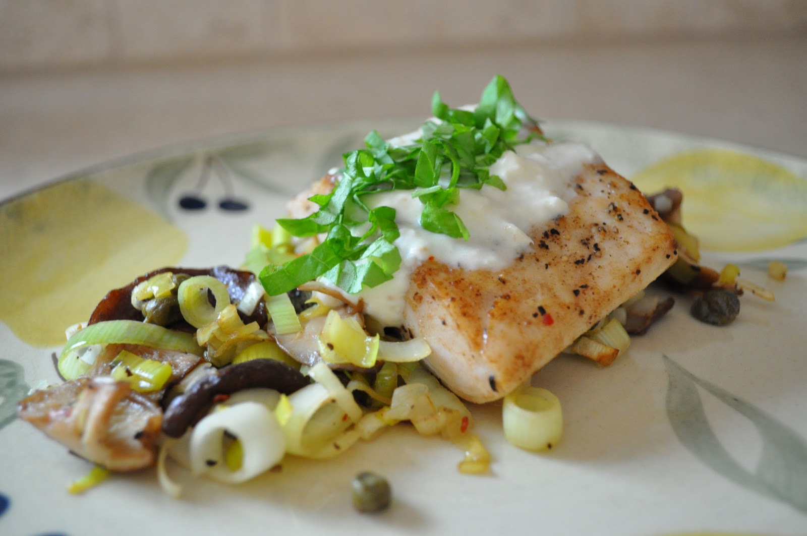Russian Girl in the Kitchen Pan Seared MAHI MAHI with Shiitakes, Leeks, and Horseradish Sour Cream
