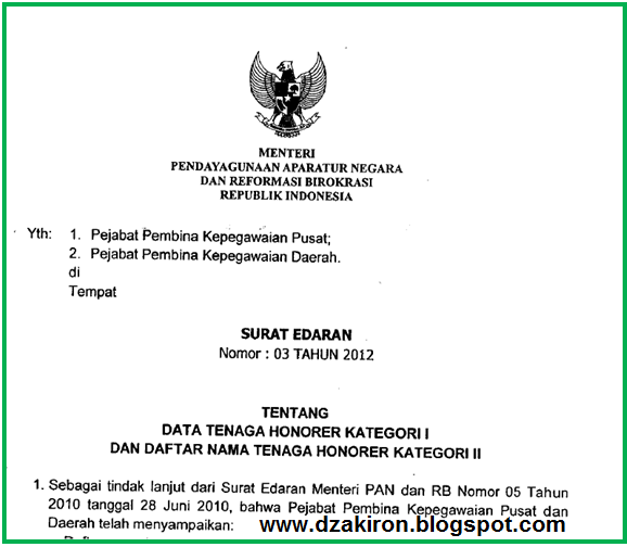Surat Edaran Nomor 03 Tahun 2012 Tentang Data Tenaga Honorer Kategori