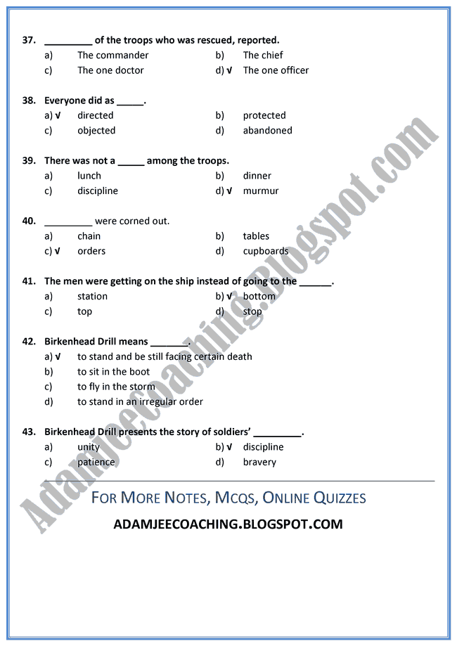 Adamjee Coaching English XI [Birkenhead Drill] Mcqs