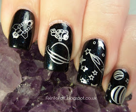Simple stamped space nail art look using elf Sea Escape and MoYou London's Sci-Fi 03 plate with Barry M Silver Foil.