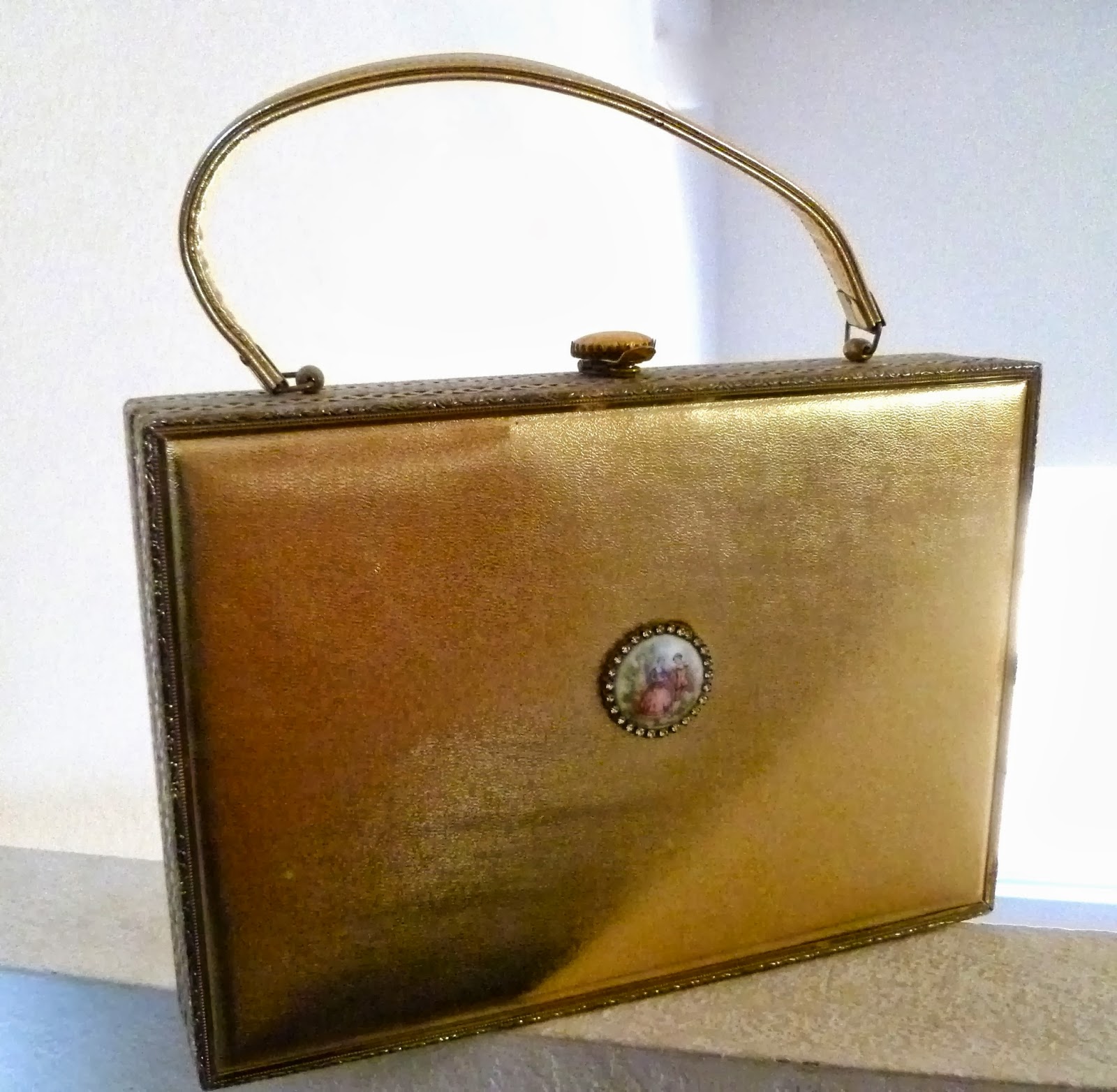 Vintage Purse a Day Large Briefcase Style Gold Purse with Cameo