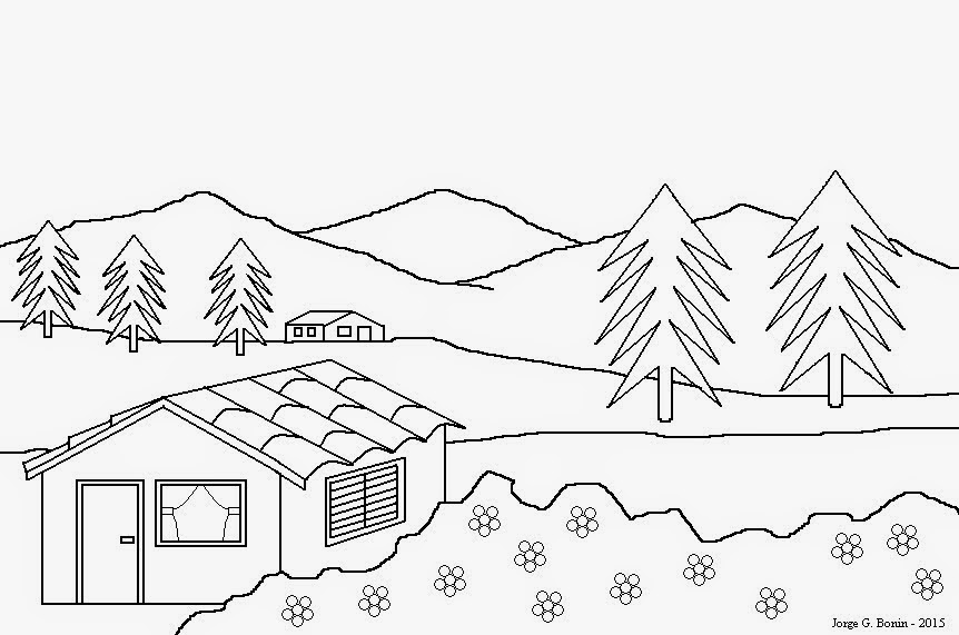 arte no paint desenho para colorir casas e montanhas