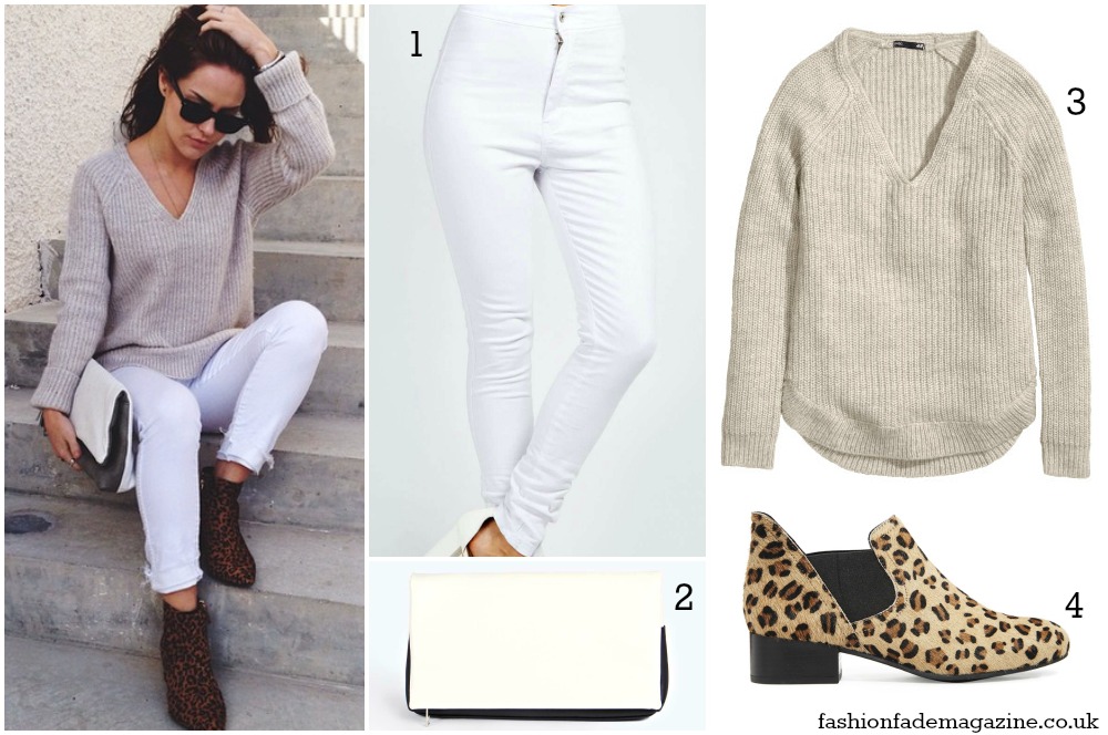white jeans - beige cream neutral sweater v-neck ribber - leopard print boots - street style outfit - fashion blogger trend fall 2014 white jeans - beige cream neutral sweater v-neck ribber - leopard print boots - street style outfit - fashion blogger trend fall 2014