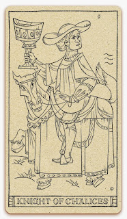 Knight of Chalices card - inked illustration - In the spirit of the Marseille tarot - minor arcana - design and illustration by Cesare Asaro - Curio & Co. (Curio and Co. OG - www.curioandco.com)