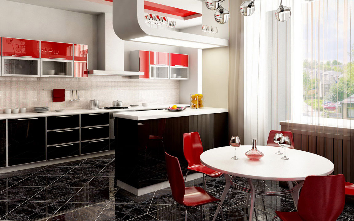 Modern Kitchen Interior Designs March - Modern Kitchen Design With Many Accessories And Red Chairs modern kitchen interior designs march - modern kitchen design with many accessories and red chairs