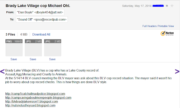 This email was sent about 80 places so they'll know how things are done in Brady Lake Village.