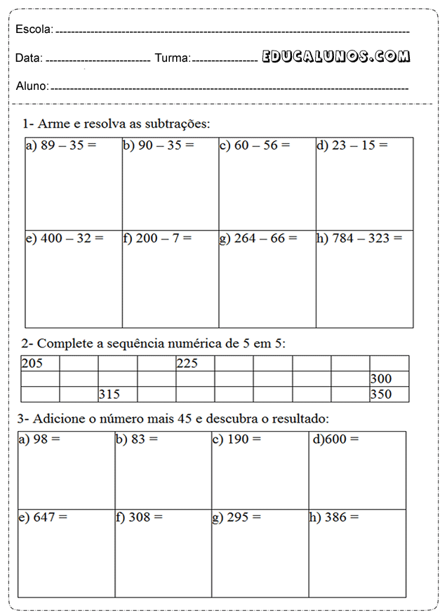 Arme e resolva as subtrações, complete as sequências numéricas de 5 em 5