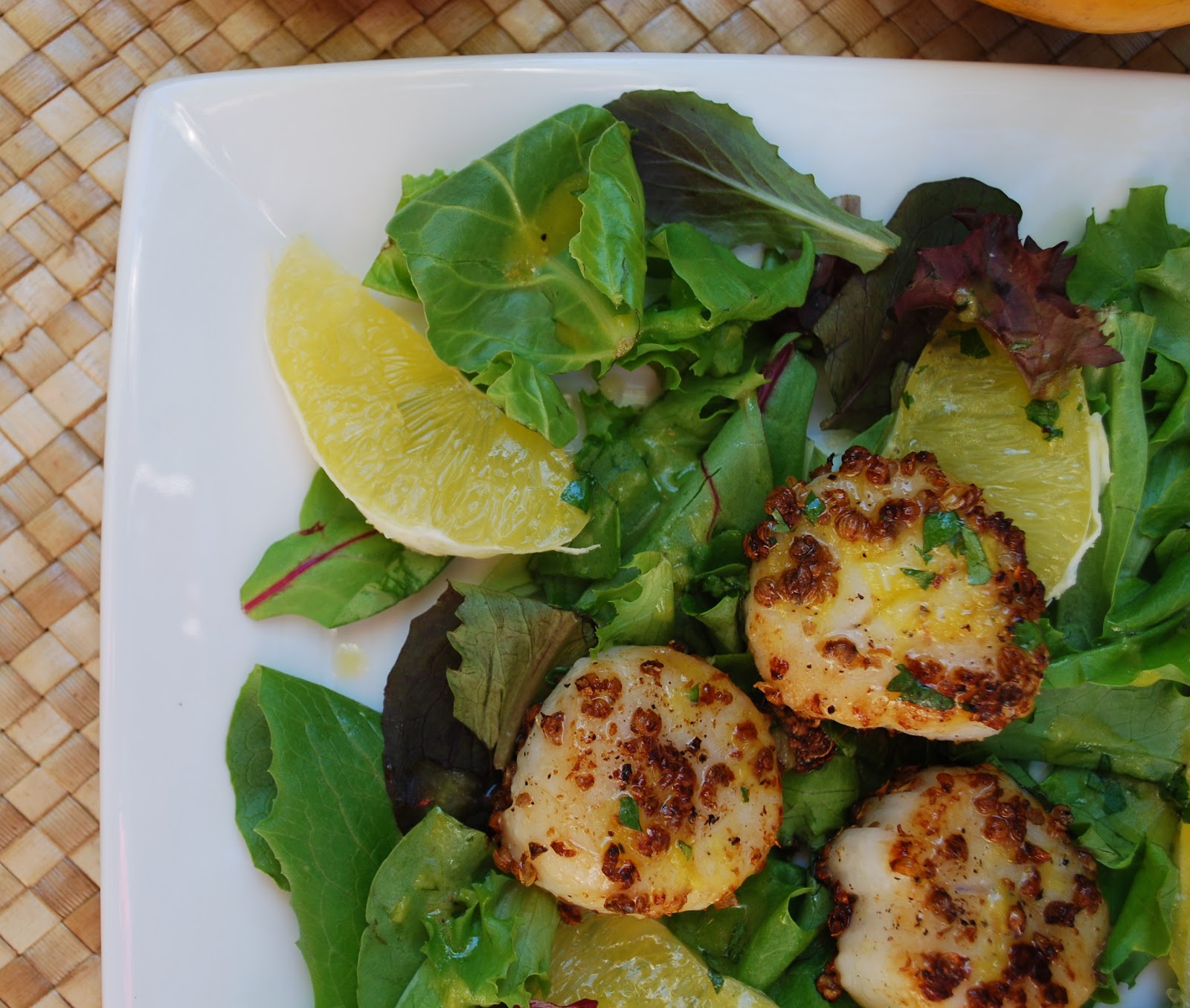 Cheese Please Coriander Scallops with Orange Ginger Dressing