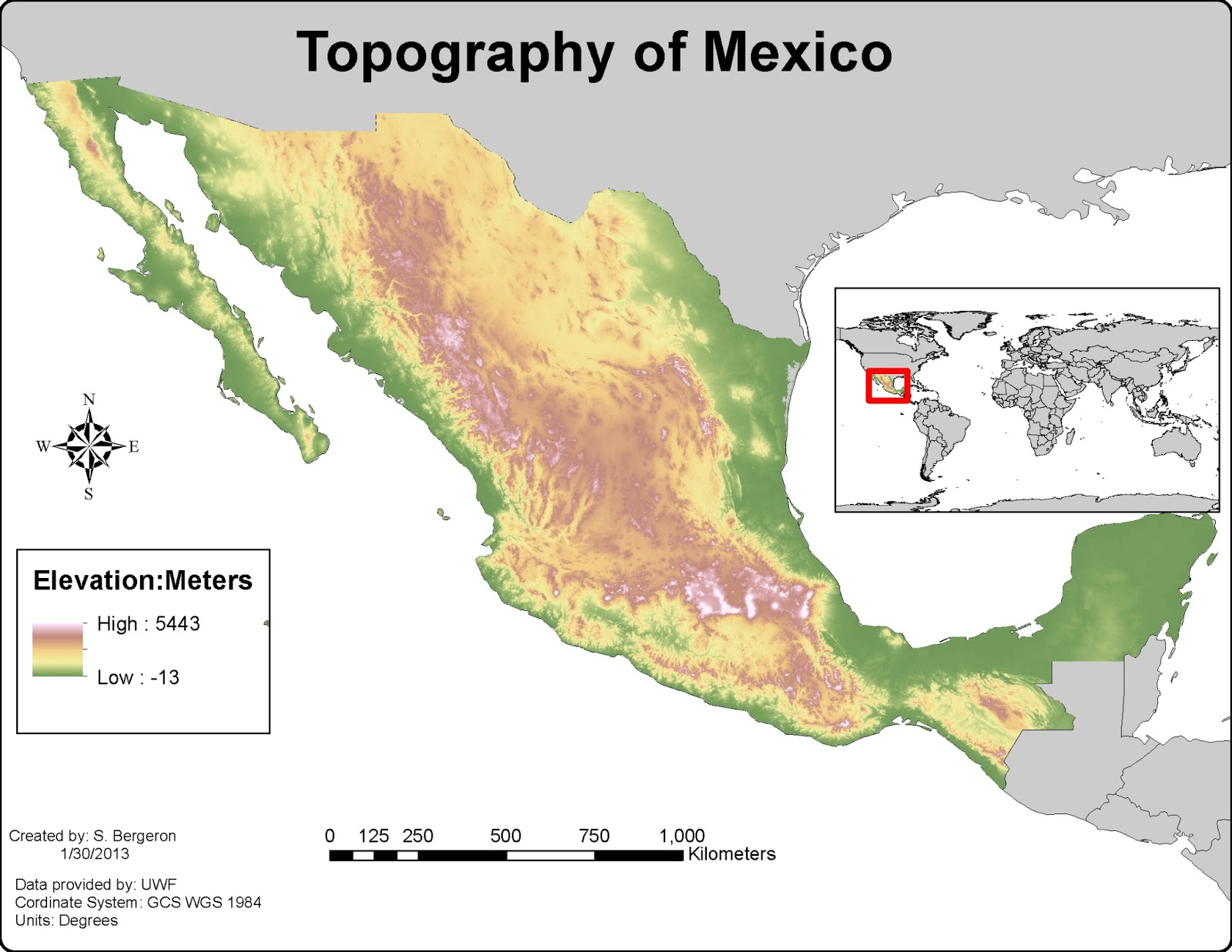 the last map for lab 3 depicts the topography of mexico in meters this map gave us our first opportunity to work with raster data in gis4043 the last map for lab 3 depicts the topography of mexico in meters this map gave us our first opportunity to work with raster data in gis4043