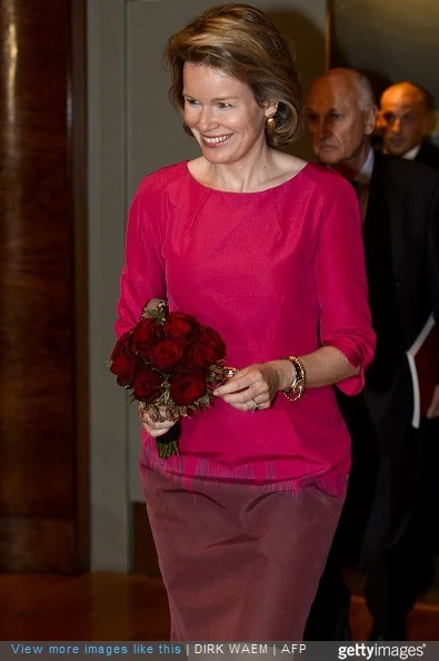 Queen Mathilde of Belgium arrives for the first session of the first round of the Queen Elisabeth Violin Competition 2015 at the Brussels' Flagey, on May 4, 2015.