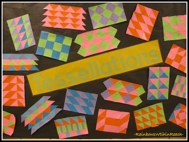 photo of: Bulletin Board of Math Tessellations + Patterns (from Bulletin Board RoundUP via RainbowsWithinReach)