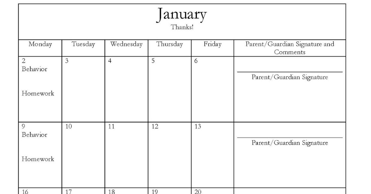 Homework behavior calendar image