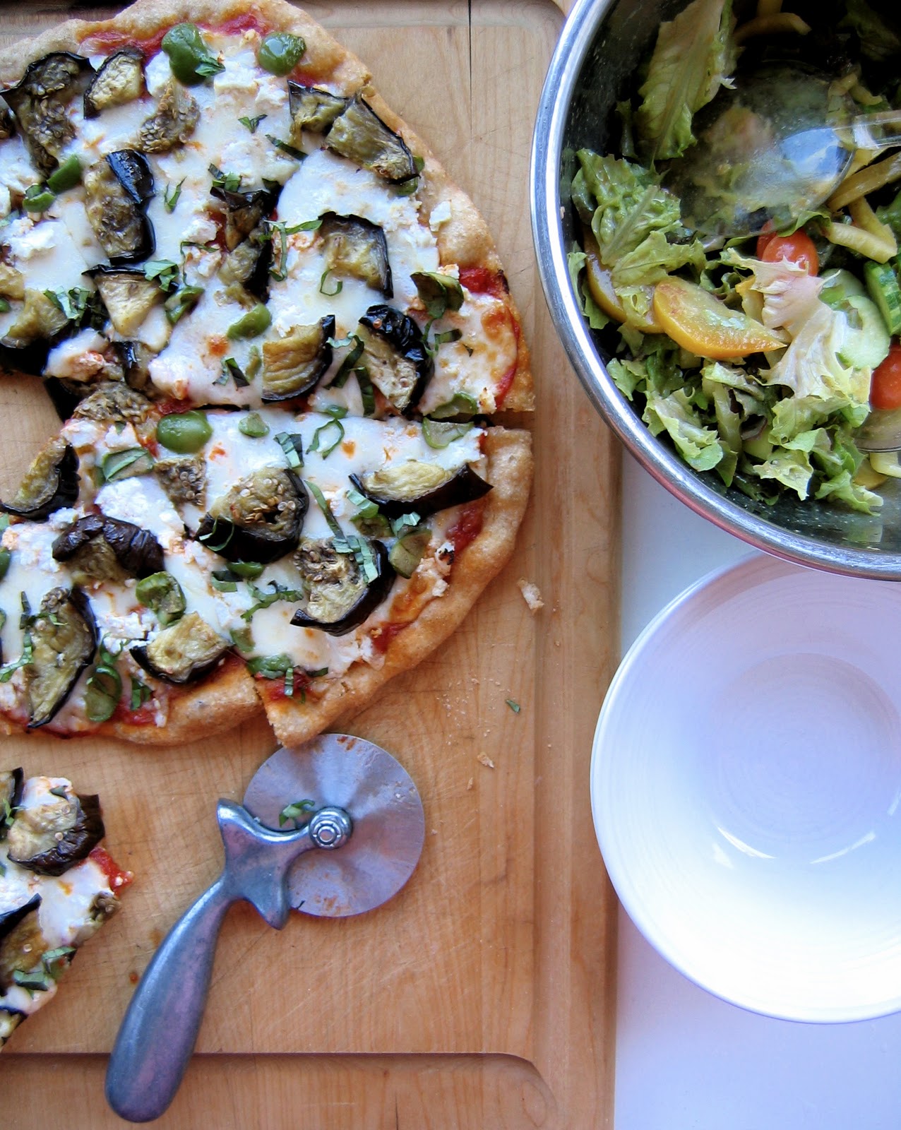 Roasted Eggplant Pizza with Fontina, Ricotta Salata and Olives • The