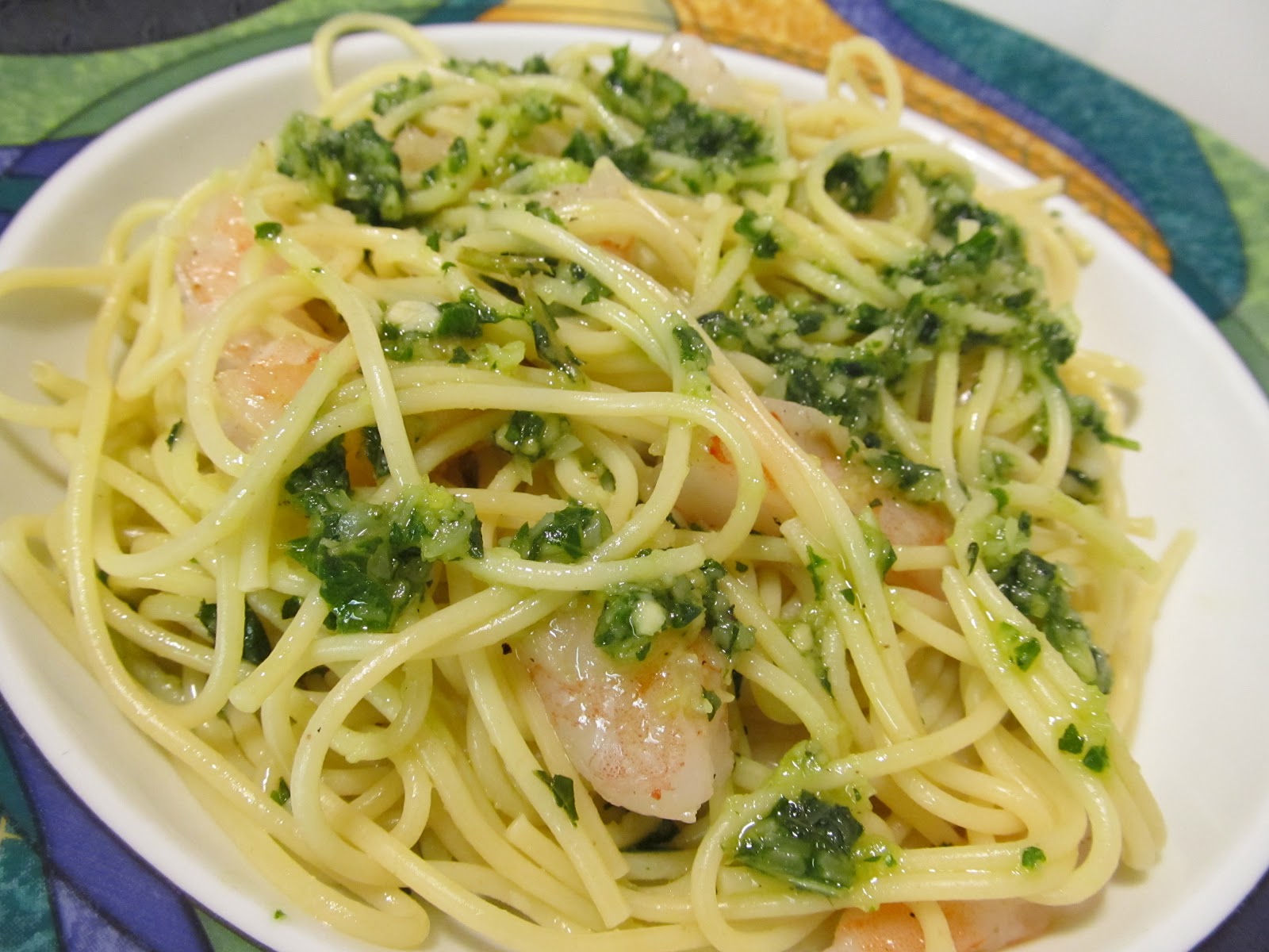 Jenn's Food Journey Spaghetti with Shrimp and Basil Mint Pesto