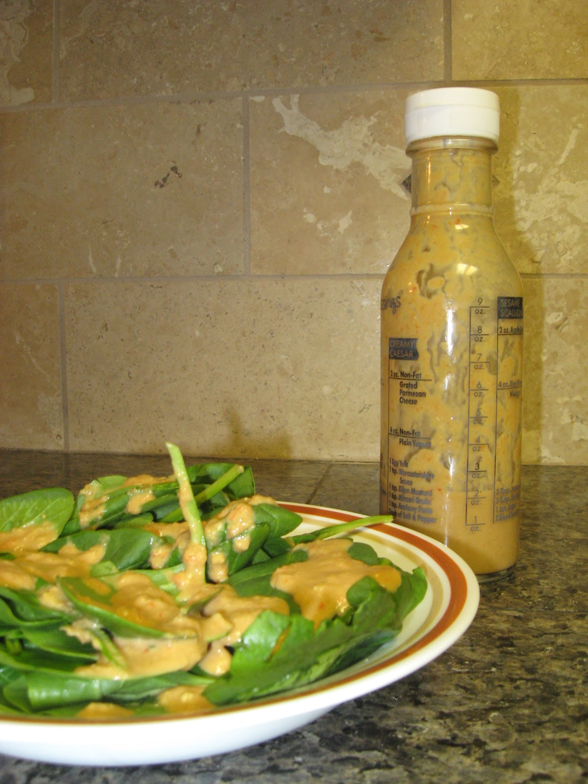 Kitchen of Health Spinach Salad with Red Pepper Hummus Dressing
