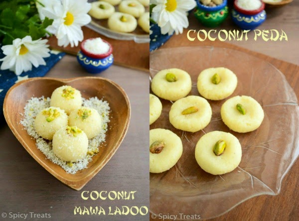 coconut peda | coconut mawa peda | coconut mawa ladoo recipe - easy diwali sweets
