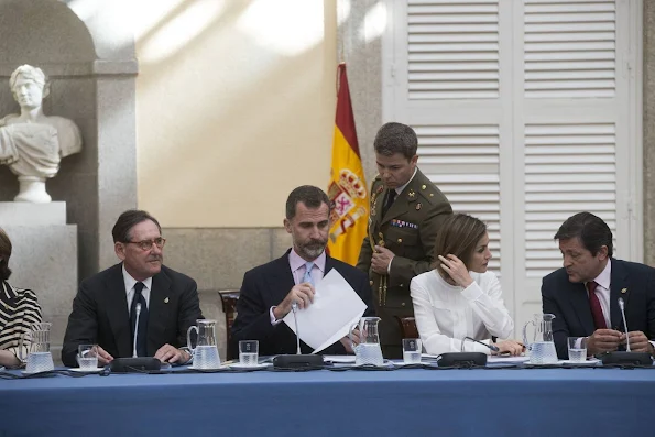 Queen Letizia of Spain and King Felipe VI of Spain attend a meeting with members of 'Princesa de Asturias' foundation at El Pardo Royal Palace