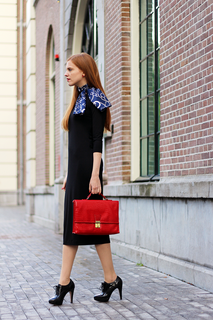 Vintage Fashion Blogger Outfit with a Black Midi Dress and silk scarf