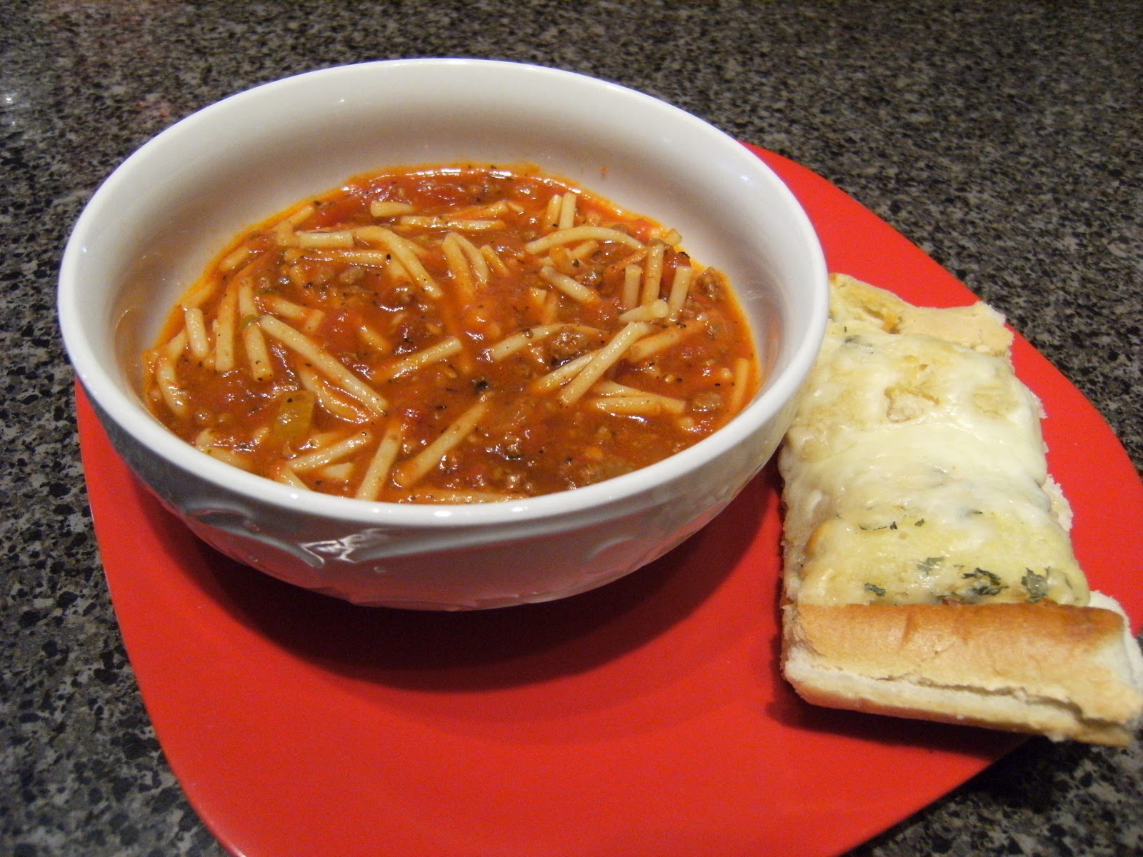 Queen of the Easy Meal Spaghetti Soup and Cheesy Garlic Bread