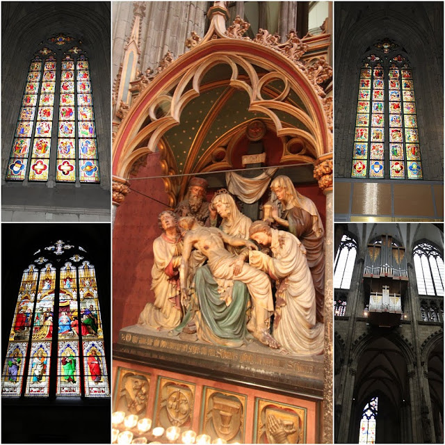 From top to bottom Left Column Life Christ Window 2005 and Worship Window 1846 and 13 Station way of the Cross Lamentation on the big column at Cologne Cathedral in Cologne, Germany From top to bottom Left Column Life Christ Window 2005 and Worship Window 1846 and 13 Station way of the Cross Lamentation on the big column at Cologne Cathedral in Cologne, Germany