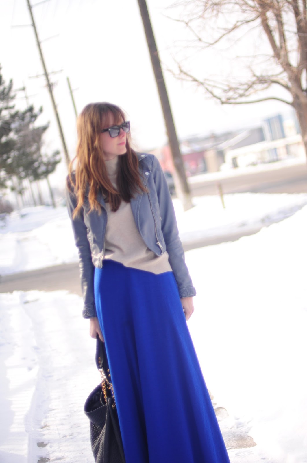 Motorcycle jacket and blue maxi skirt