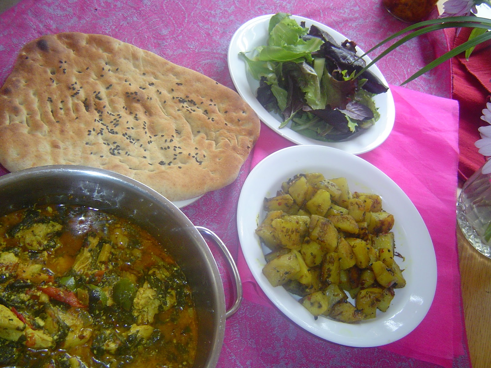 pakistani home cooking Chicken and spinach in coconut sauce curry