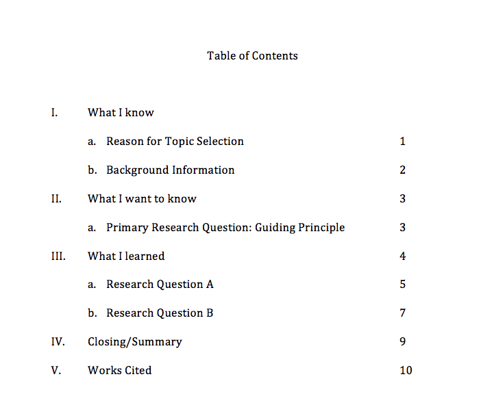 table of contents apa format examples