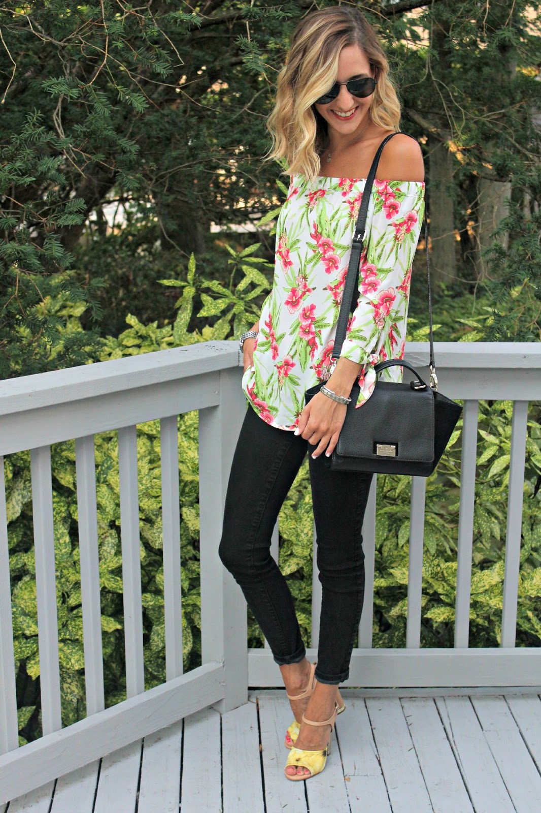 black and tropical floral outfit