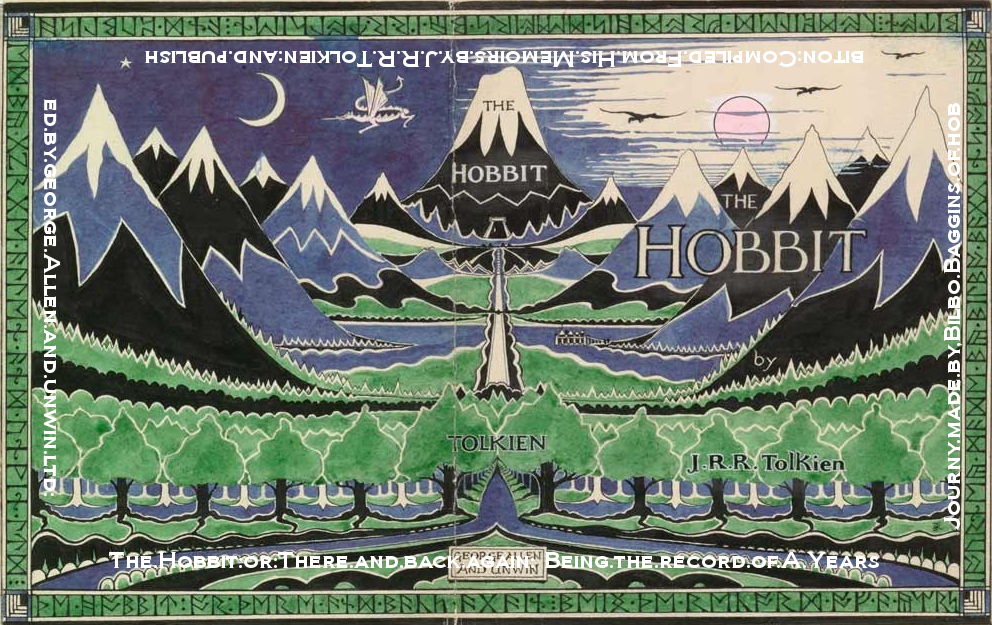 Cover with translated runes "The Hobbit or There and Back Again being the record of a years journey by Bilbo Baggins of Hobbiton.