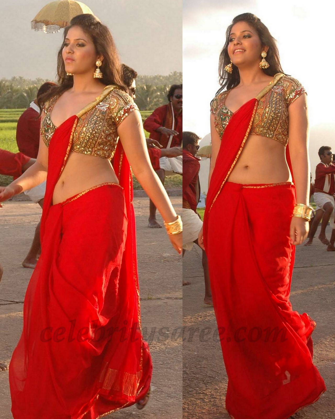red plain saree with designer blouse