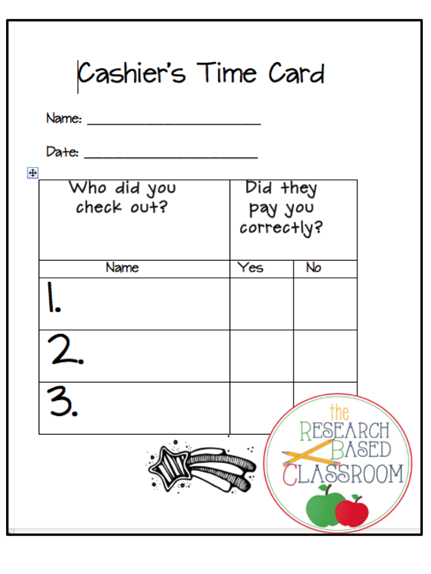 Money Store Record Sheets - Grades 1 and 2
