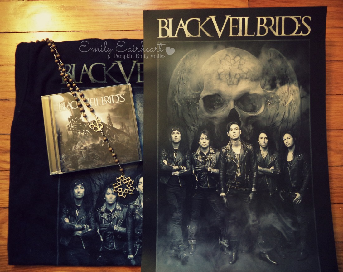 Black Veil Brides CD, poster, necklace, and t-shirt.