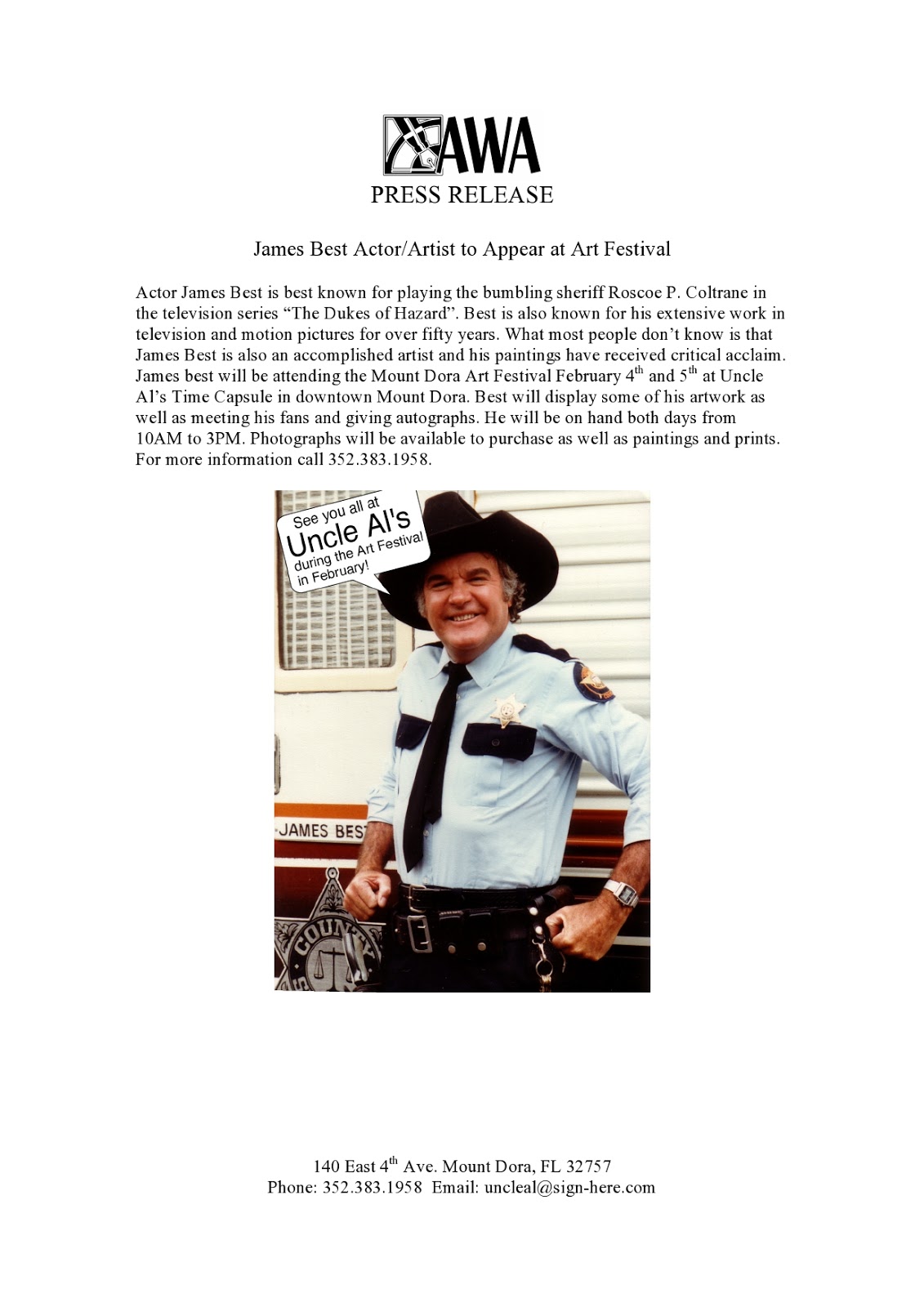 What To Do In Mount Dora Actor/Artist James Best Will be at the Art