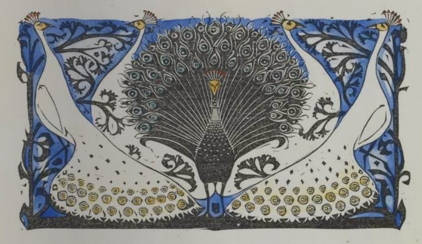 colour woodblock illustration of stylised peacocks woodcut art nouveau peacocks