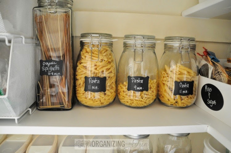 Use chalkboard labels and mark the time each pasta needs to cook :: OrganizingMadeFun.com