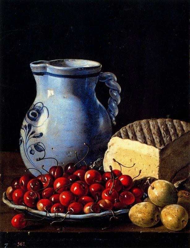 Bodegón con ciruelas, cerezas, queso y jarra - 1760