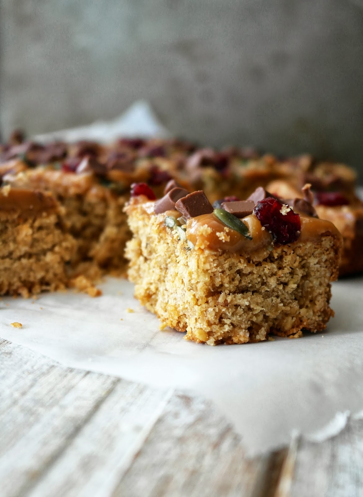 caramel pumpkin seed and cranberry flapjack