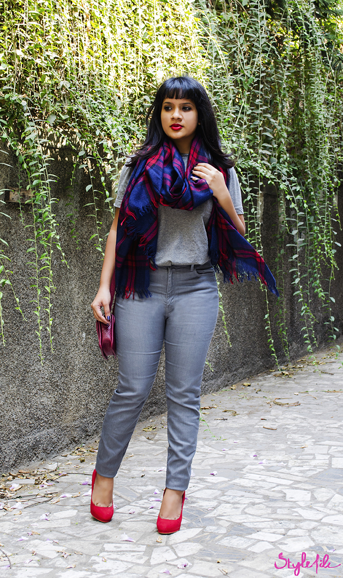 The Style File lookbook for winter includes a Forever 21 wollen grey beanie, Forever 21 plaid scarf, Zara high waist jeans, Zara red pumps and Forever 21 micro messenger sling bag for the seasons winter wear