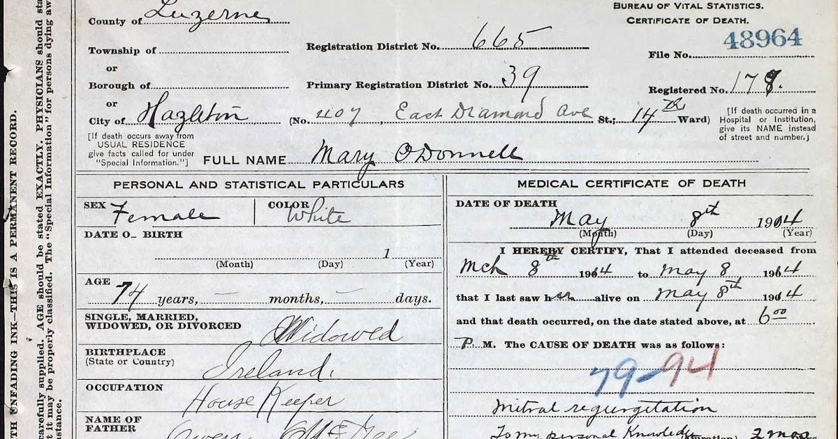 Touching Family History Finding O'Donnell's in Pennsylvania Death Certificates