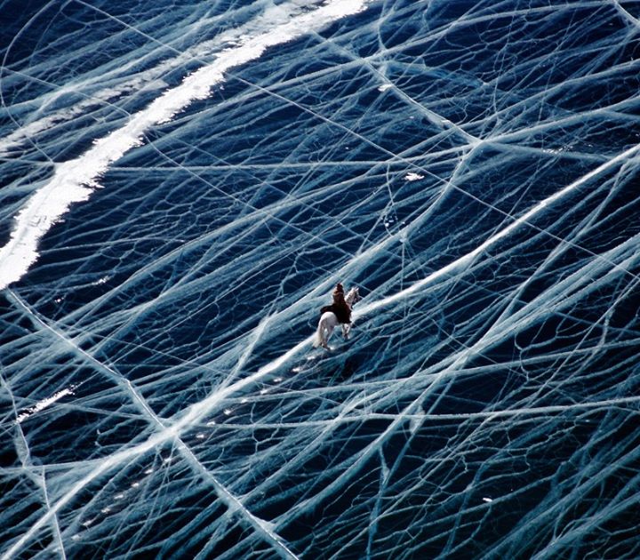a hourse is crossing frozen lake