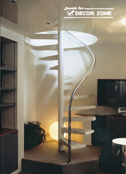 white spiral stairs design with creative lighting system