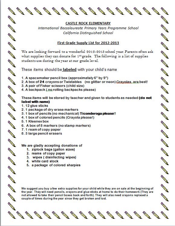 School Supply List Grade 8 School Supply List
