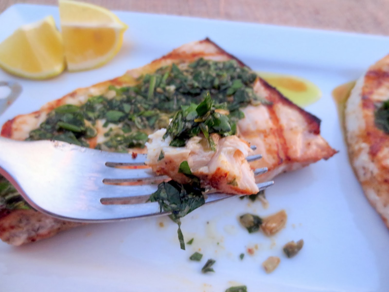 The Owl with the Goblet Grilled Swordfish with Caper Parsley Gremolata