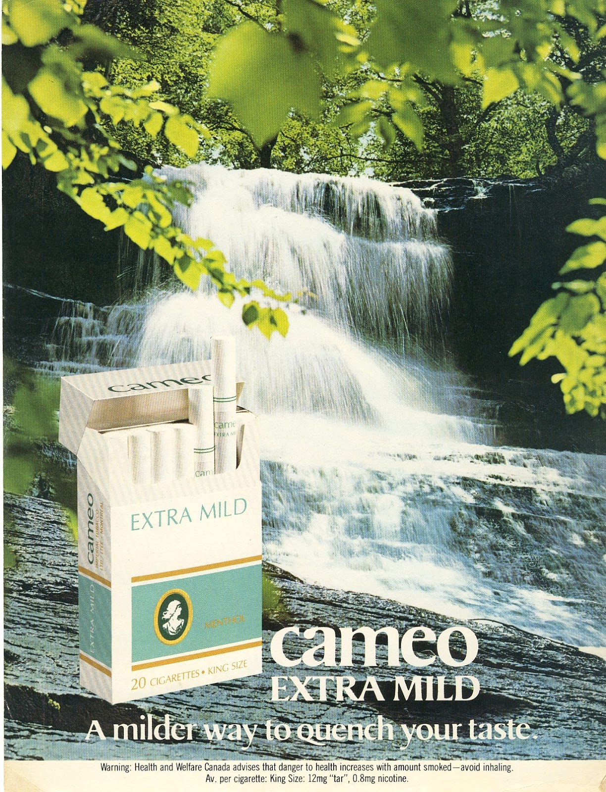 1978 CAMEO Extra Mild Cigarette Ad RIPPLING FALLS Water Old Magazine Ads