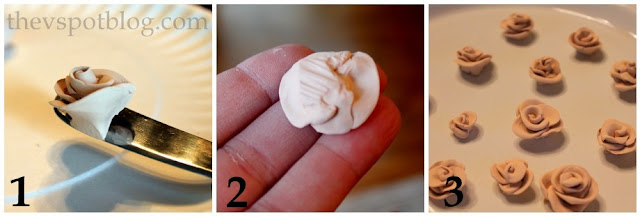 Using craft clay to make miniature roses.