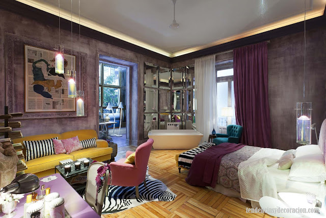 Dormitorio en tonos morados